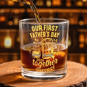 Our First Father's Day Daddy Together Cheers Baby Bottle And Beer Mug - Personalized Custom Whiskey Glass - DAD385_RWG