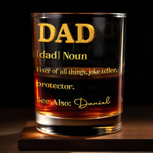 Dad Noun Fixer Of All Things With 3D Golden Custom Name - Personalized Custom Whiskey Glass - DAD431_RWG