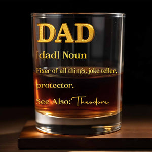 Dad Noun Fixer Of All Things With 3D Golden Custom Name - Personalized Custom Whiskey Glass - DAD431_RWG