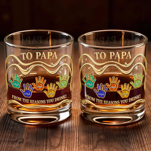 To Papa From The Reasons You Drink With Colorful Handprints - Personalized Custom Whiskey Glass - DAD436_RWG