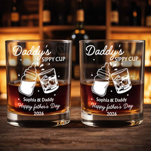 Daddy's Sippy Cup Happy Father's Day Baby Bottle And Whiskey Glass - Personalized Custom Whiskey Glass - DAD587_RWG