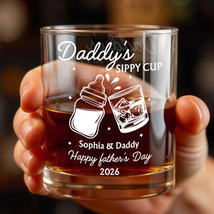Daddy's Sippy Cup Happy Father's Day Baby Bottle And Whiskey Glass - Personalized Custom Whiskey Glass - DAD587_RWG