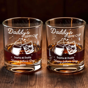 Daddy's Sippy Cup Happy Father's Day Baby Bottle And Whiskey Glass - Personalized Custom Whiskey Glass - DAD587_RWG