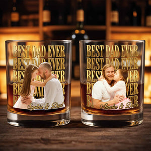 Best Dad Ever Custom Photo And Gold Lettering - Personalized Custom Whiskey Glass - DAD603_RWG