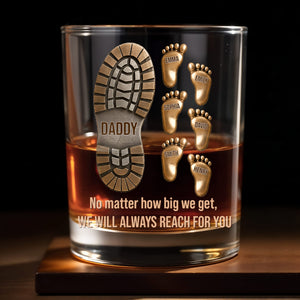 No Matter How Big We Get, Daddy Boot And Baby Footprints - Personalized Custom Whiskey Glass - DAD617_RWG