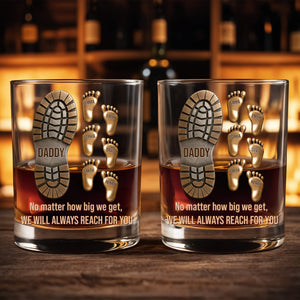 No Matter How Big We Get, Daddy Boot And Baby Footprints - Personalized Custom Whiskey Glass - DAD617_RWG