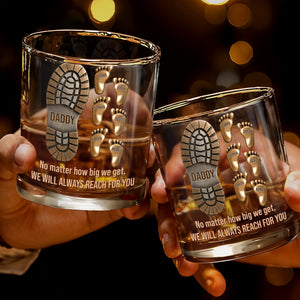 No Matter How Big We Get, Daddy Boot And Baby Footprints - Personalized Custom Whiskey Glass - DAD617_RWG