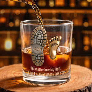 No Matter How Big We Get, Daddy Boot And Baby Footprints - Personalized Custom Whiskey Glass - DAD617_RWG