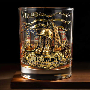 Dad The Veteran The Myth The Legend With 3D Golden Helmet And Boots - Personalized Custom Whiskey Glass - DAD649_RWG