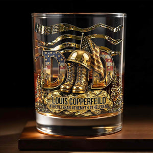 Dad The Veteran The Myth The Legend With 3D Golden Helmet And Boots - Personalized Custom Whiskey Glass - DAD649_RWG