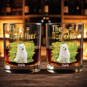 The Dogfather Custom Photo With Dog Paws And Flowers - Personalized Custom Whiskey Glass - DAD685_RWG