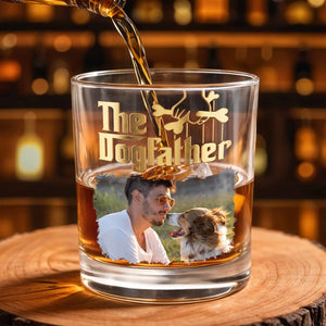 The Dogfather Custom Photo With Dog Bones Design - Personalized Custom Whiskey Glass - DAD689_RWG