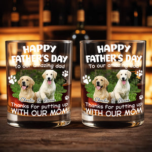 Happy Father's Day To Our Amazing Dad Dog Photo And Paws - Personalized Custom Whiskey Glass - DAD703_RWG