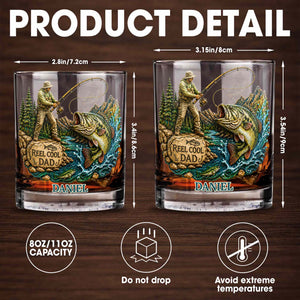 Reel Cool Dad Fisherman And Large Bass Fishing Scene - Personalized Custom Whiskey Glass - DAD708_RWG
