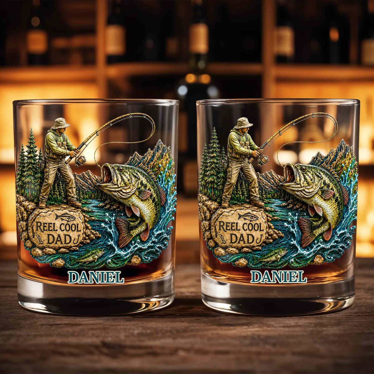 Reel Cool Dad Fisherman And Large Bass Fishing Scene - Personalized Custom Whiskey Glass - DAD708_RWG
