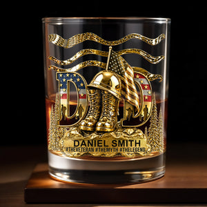 Dad The Veteran The Myth The Legend With Golden Boots And Flag - Personalized Custom Whiskey Glass - DAD712_RWG