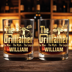 The Grillfather The Man The Myth The Legend With Grill Tools - Personalized Custom Whiskey Glass - DAD824_RWG