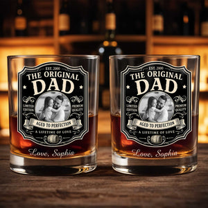 The Original Dad Aged To Perfection Vintage Label Photo Upload - Personalized Custom Whiskey Glass - DAD826_RWG