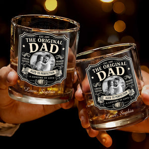 The Original Dad Aged To Perfection Vintage Label Photo Upload - Personalized Custom Whiskey Glass - DAD826_RWG