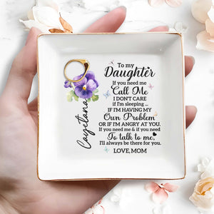 To My Daughter Call Me Love Mom Pansy Flower Ceramic Dish - Personalized Custom Jewelry Dish, Square Ceramic Dish - DAU118_SCRD