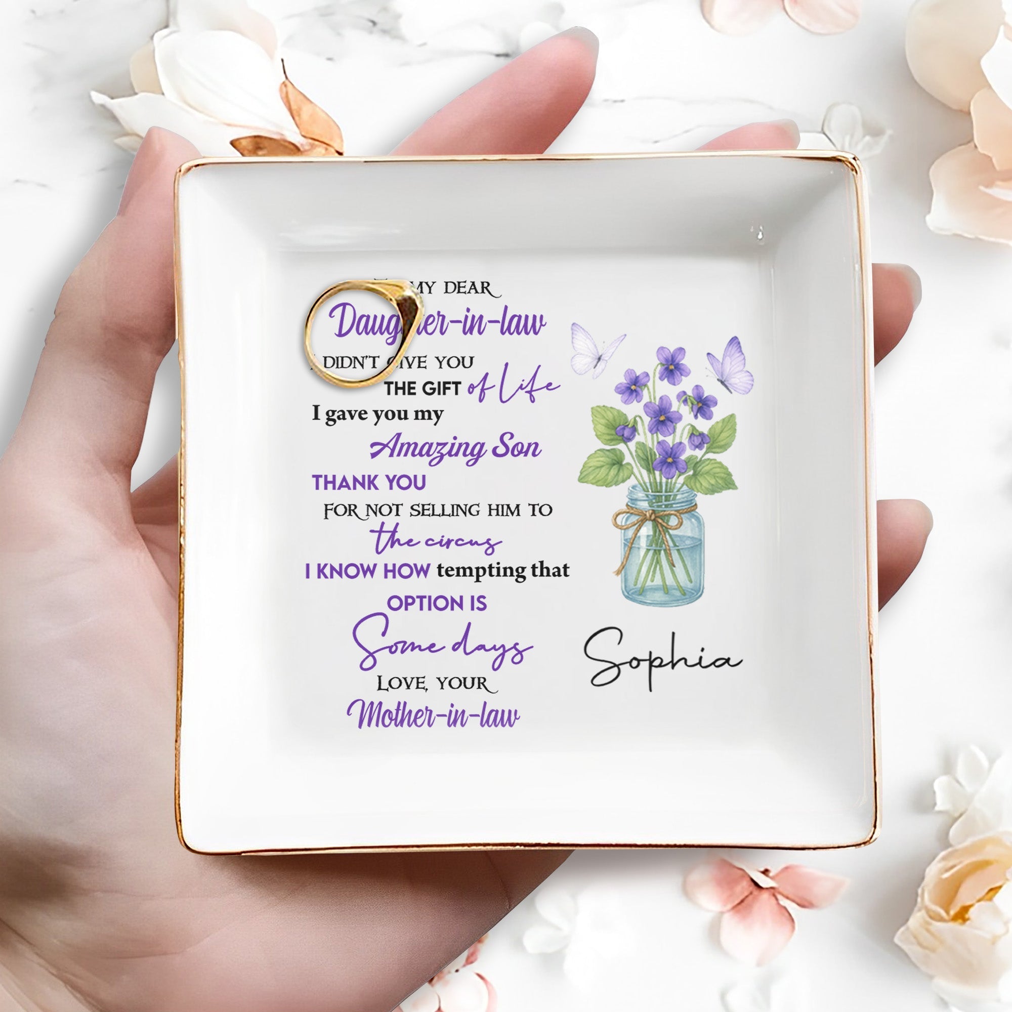 To My Dear Daughter-in-Law The Gift Of Life With Flowers - Personalized Custom Jewelry Dish, Square Ceramic Dish - DAU187_SCRD