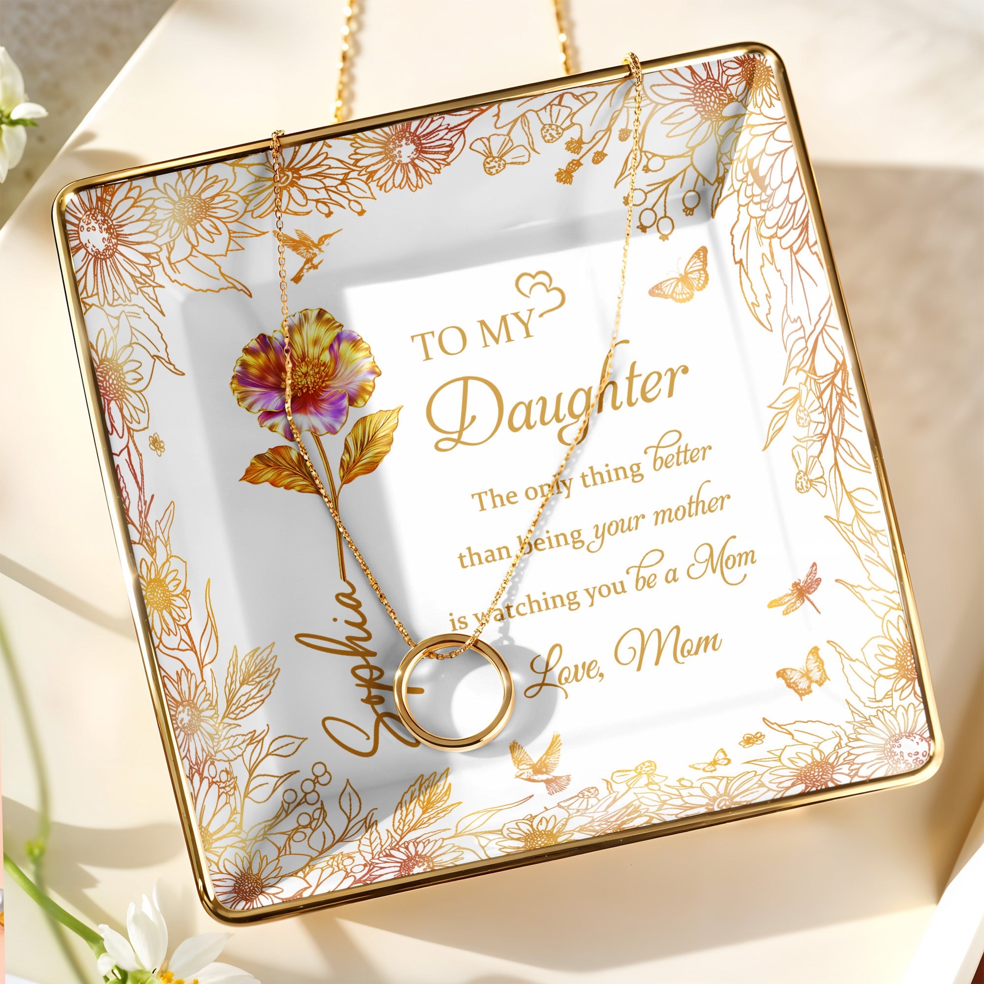 To My Daughter, Flowers And Butterfly Design - Personalized Custom Jewelry Dish, Ceramic Dish, Square Shape - DAU219_SCRF