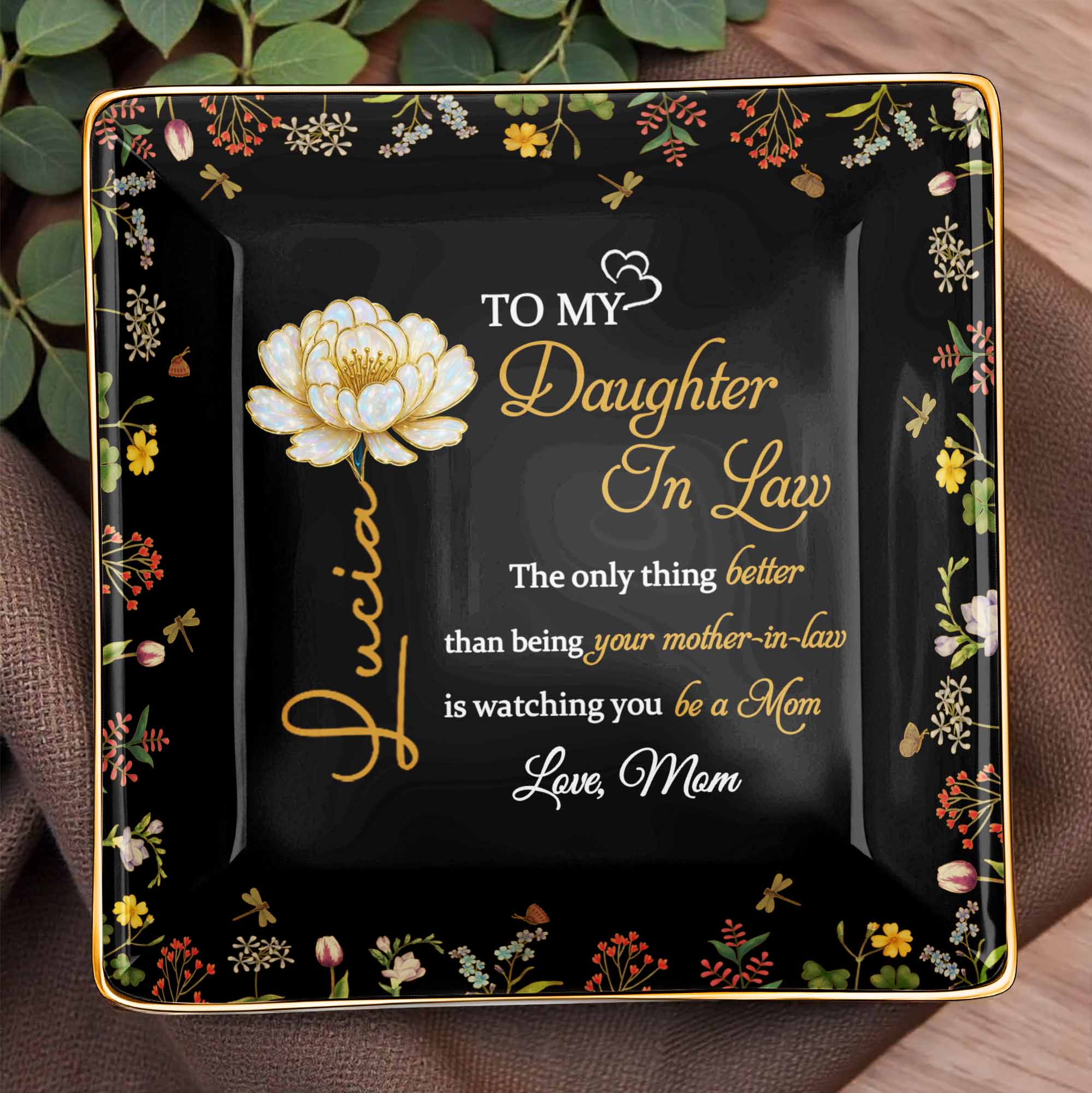 To My Daughter In Law, Love From Mom, Floral Design - Personalized Custom Jewelry Dish, Ceramic Dish, Square Shape - DAU223_SCRF