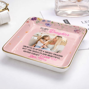 To My Daughter, Growth Is Beautiful, Flowers And Butterflies - Personalized Custom Jewelry Dish, Ceramic Dish, Square Shape - DAU305_SCRF