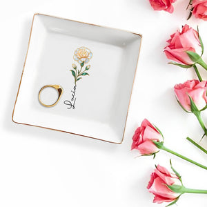 Elegant Square Ceramic Dish With Single Flower Design - Personalized Custom Jewelry Dish, Square Ceramic Dish - DAU310_SCRD