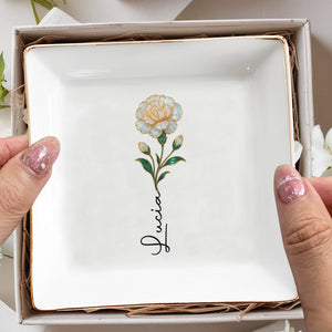 Elegant Square Ceramic Dish With Single Flower Design - Personalized Custom Jewelry Dish, Square Ceramic Dish - DAU310_SCRD