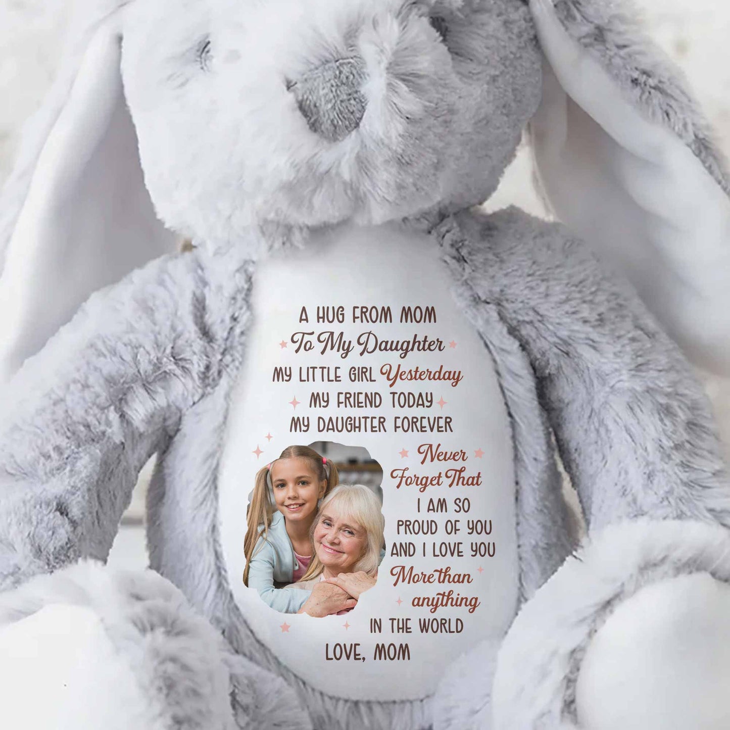 A Hug From Mom To My Daughter Photo And Hearts - Personalized Stuffed Bunny - DAU333_BUN