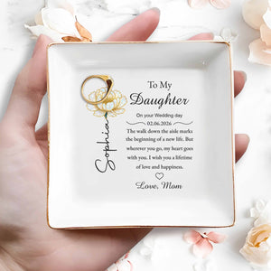 To My Daughter On Your Wedding Day With Flower And Heart - Personalized Custom Jewelry Dish, Square Ceramic Dish - DAU350_SCRD