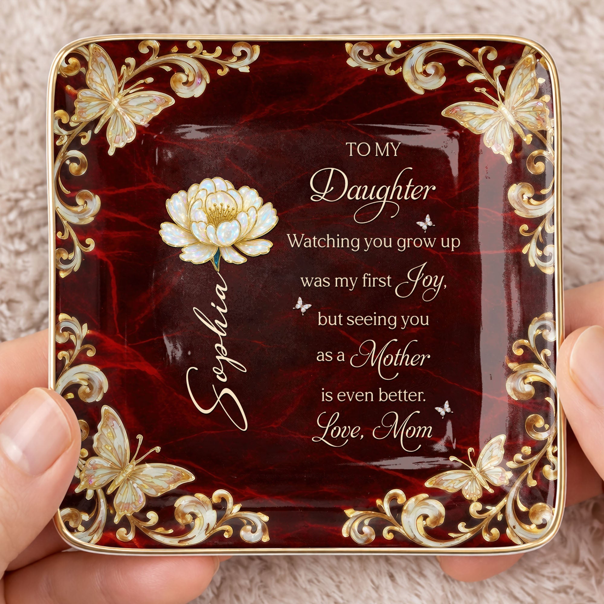 To My Daughter Watching You Grow Up Flower And Butterfly - Personalized Custom Jewelry Dish, Ceramic Dish, Square Shape - DAU401_SCRF