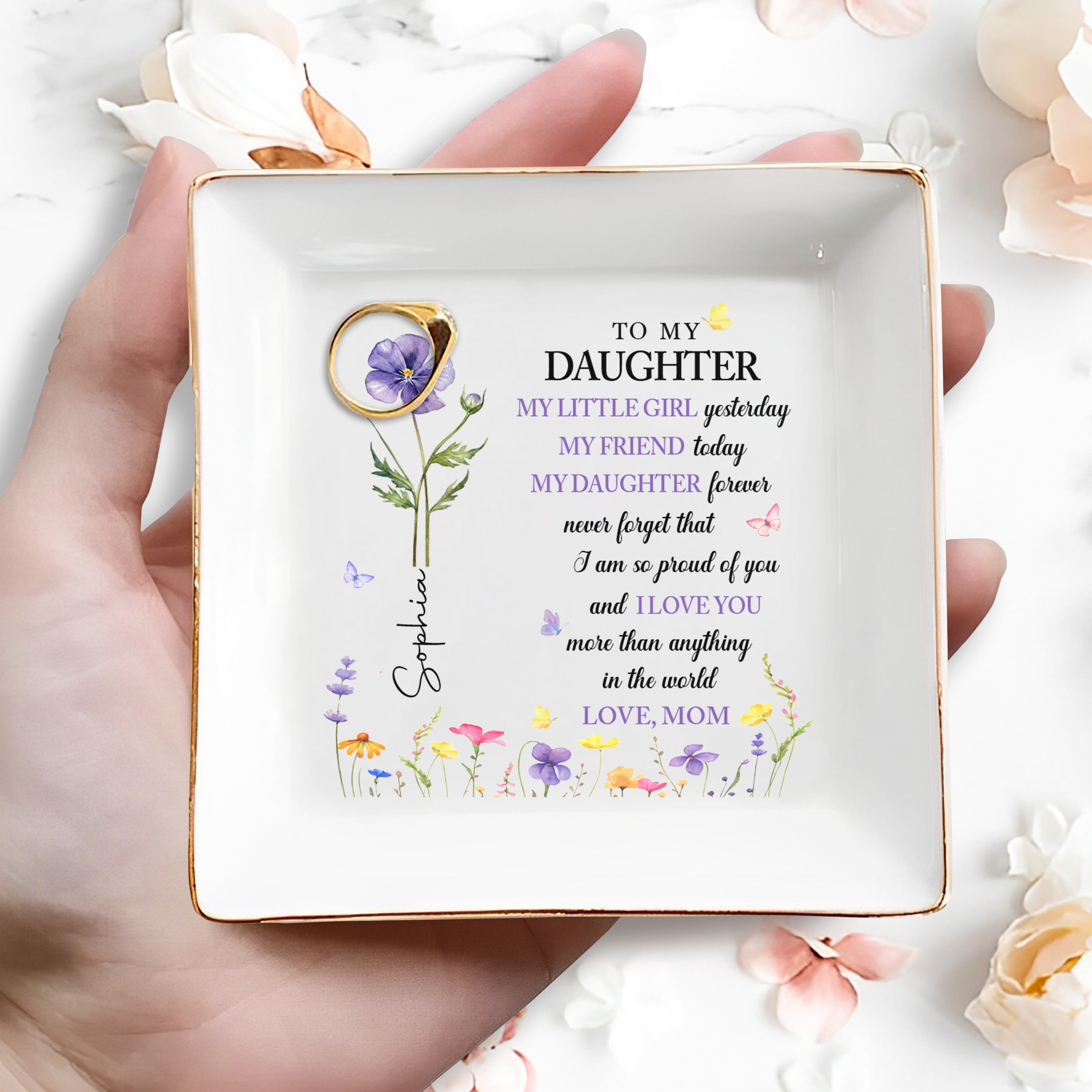 To My Daughter My Little Girl Yesterday Flower Ceramic Jewelry Dish - Personalized Custom Jewelry Dish, Square Ceramic Dish - DAU491_SCRD
