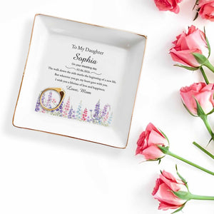 To My Daughter On Your Wedding Day With Birth Month Flowers - Personalized Custom Jewelry Dish, Square Ceramic Dish - DAU540_SCRD