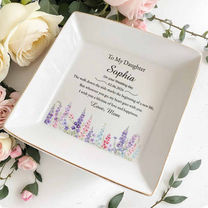 To My Daughter On Your Wedding Day With Birth Month Flowers - Personalized Custom Jewelry Dish, Square Ceramic Dish - DAU540_SCRD