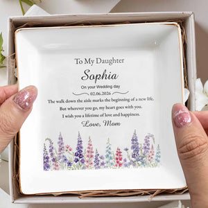 To My Daughter On Your Wedding Day With Birth Month Flowers - Personalized Custom Jewelry Dish, Square Ceramic Dish - DAU540_SCRD
