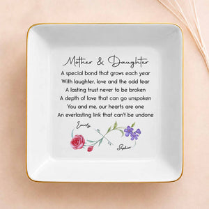 Mother & Daughter A Special Bond Infinity Birth Flowers Jewelry Dish - Personalized Custom Jewelry Dish, Square Ceramic Dish - DAU584_SCRD