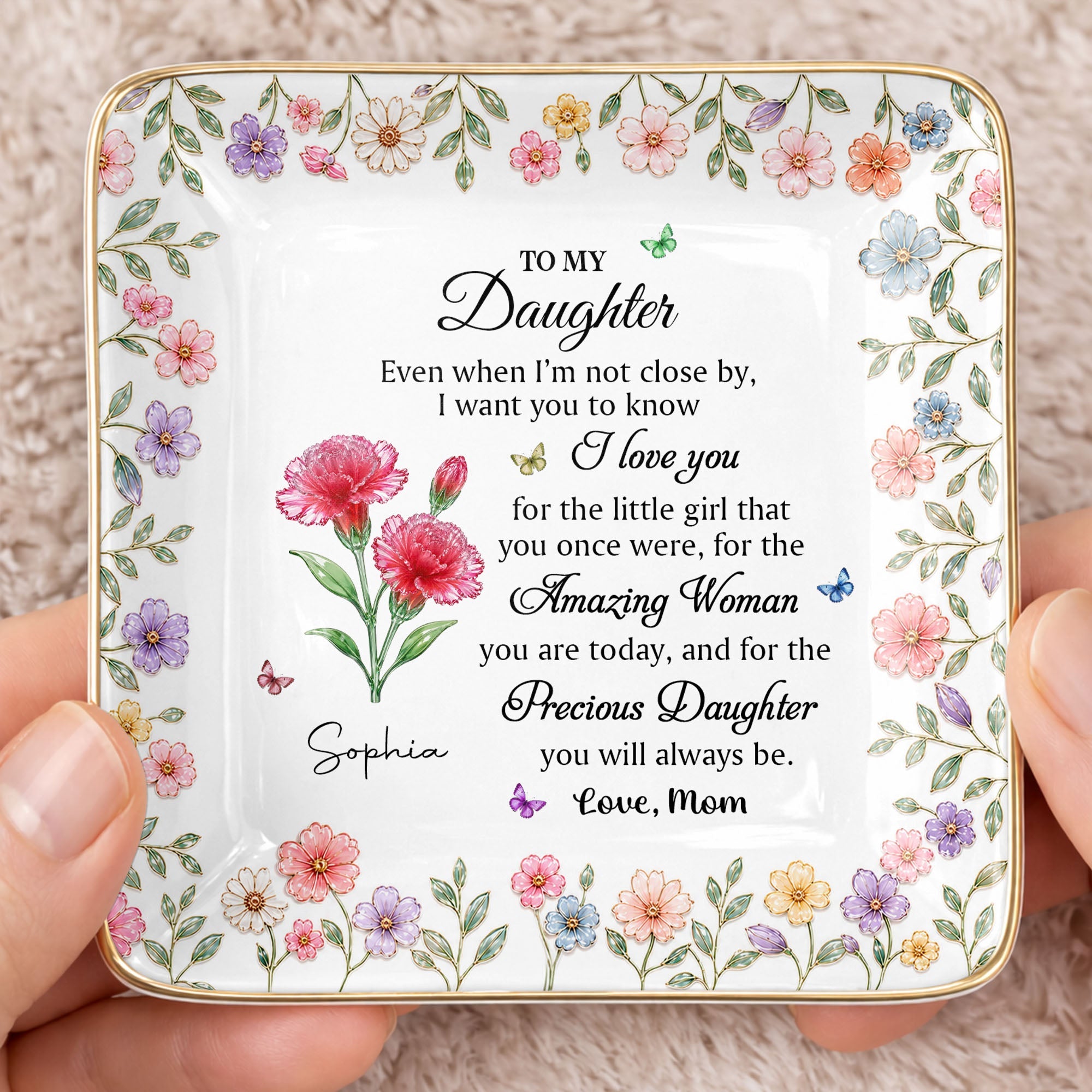 To My Daughter Amazing Woman Precious Daughter Birth Month Flowers - Personalized Custom Jewelry Dish, Ceramic Dish, Square Shape - DAU589_SCRF