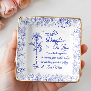 To My Daughter-In-Law, Love From Mom, Beautiful Flowers Design - Personalized Custom Jewelry Dish, Ceramic Dish, Square Shape - DILA003_SCRF
