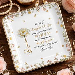 To My Daughter In Law, Flowers and Love - Personalized Custom Jewelry Dish, Ceramic Dish, Square Shape - DILA079_SCRF