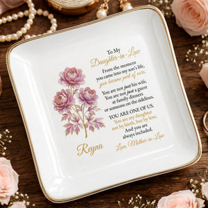 To My Daughter-in-Law, Embrace of Love With Flowers - Personalized Custom Jewelry Dish, Square Ceramic Dish - DILA081_SCRD