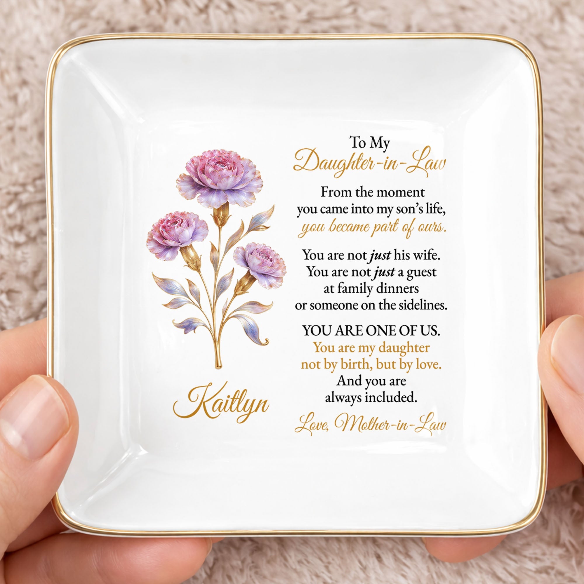 To My Daughter-in-Law, Embrace of Love With Flowers - Personalized Custom Jewelry Dish, Square Ceramic Dish - DILA081_SCRD