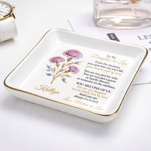 To My Daughter-in-Law, Embrace of Love With Flowers - Personalized Custom Jewelry Dish, Square Ceramic Dish - DILA081_SCRD