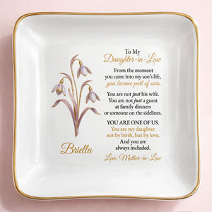To My Daughter-in-Law, Embrace of Love With Flowers - Personalized Custom Jewelry Dish, Square Ceramic Dish - DILA081_SCRD