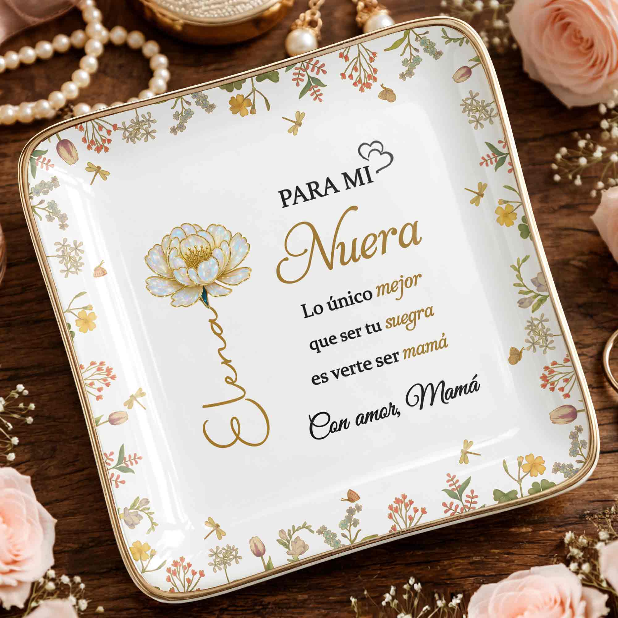 Para Mi Nuera, Flowers Love Mom - Personalized Custom Jewelry Dish, Ceramic Dish, Square Shape - DILA084_SCRF