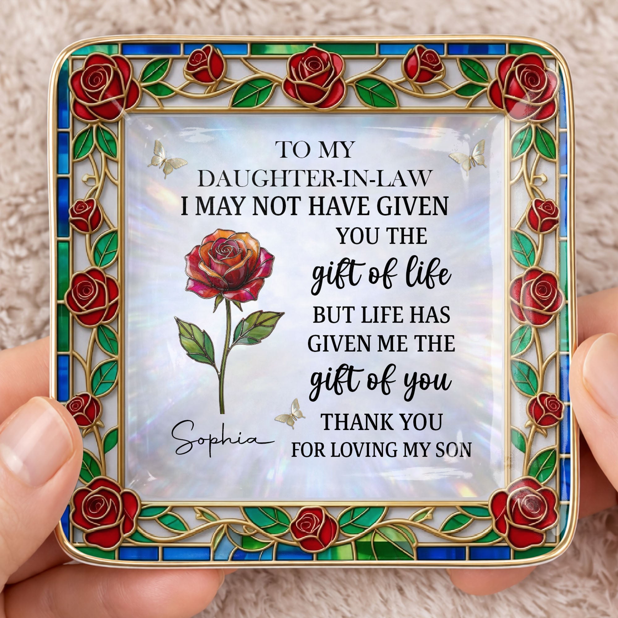 To My Daughter In Law Gift Of Life Rose Stained Glass Flower - Personalized Custom Jewelry Dish, Ceramic Dish, Square Shape - DILA094_SCRF