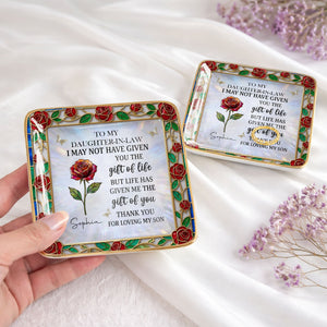 To My Daughter In Law Gift Of Life Rose Stained Glass Flower - Personalized Custom Jewelry Dish, Ceramic Dish, Square Shape - DILA094_SCRF