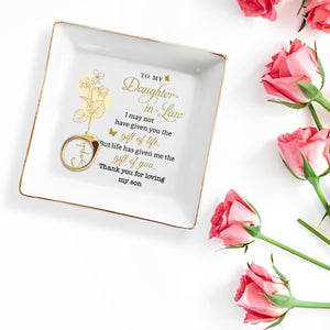 To My Daughter In Law Gift Of You Birth Month Flower - Personalized Custom Jewelry Dish, Square Ceramic Dish - DILA097_SCRD