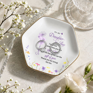 To My Daughter In Law Life Has Given Me The Gift Of You Birth Month Flowers - Personalized Custom Jewelry Dish, Ceramic Dish, Hexagonal Shape - DILA108_HECRD
